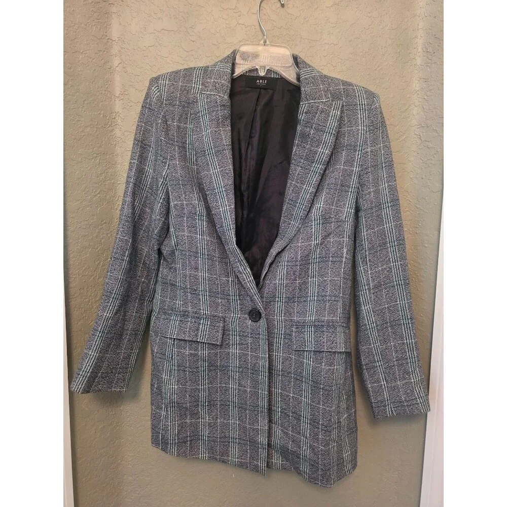 Able Ladies Elma Gray Evergreen Plaid 1 Button Blazer Jacket size S Cotton